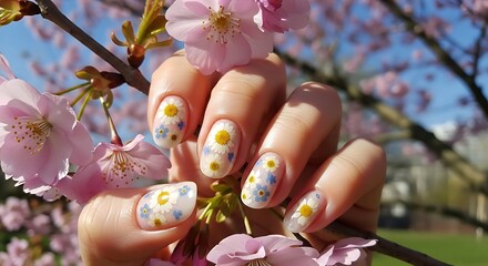 Spring Daisy Nail Art - Feminine Hand with White and Yellow Floral Nails Amidst Pink Cherry Blossoms.