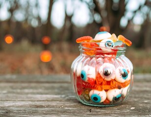 Glass jar filled with eyeball candies and gummy worms on a wooden table outdoors