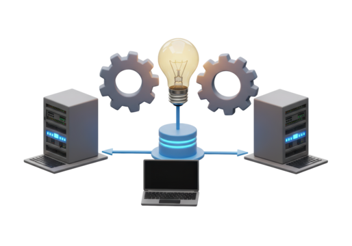 Isolated Innovative technology concept with server, cloud, laptop, gear, and lightbulb