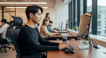 A focused Asian programmer works on his computer in a modern, open-plan office. This image represents technology, software development, corporate culture, and professional work.
