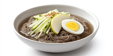 Cold Buckwheat Noodles ,Korean food isolated on white background. 3D Illustration.