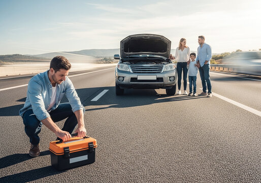 Family stands by broken down car on highway as man opens toolbox to perform repairs on the vehicle