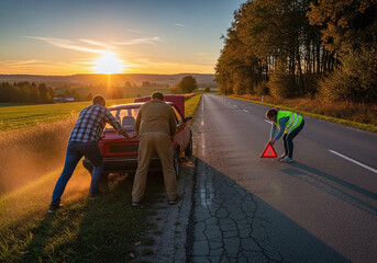 Two men pushing a broken down car while a woman sets up a warning triangle at sunset on a road