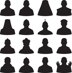 Silhouettes of various religious figures and headwear clergy pope