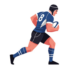 Dynamic Rugby Player in Action: Capturing the raw energy of a rugby player in full stride, poised to make a crucial play, embodying athleticism and competitive spirit.