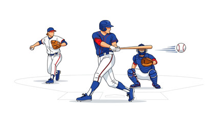 Baseball Game in Action: A dynamic baseball scene, capturing the essence of competition, featuring a batter swinging for a hit, pitcher preparing to throw, and catcher ready to catch. 