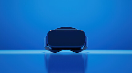A black VR headset on a blue background. The virtual reality concept of immersive experiences. The image emphasizes the sleek design and modern technology of the device.