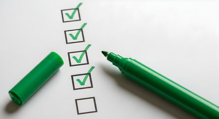 Checklist with green checkmarks being marked by a hand using a green marker, productivity and task completion concept for planning and organization