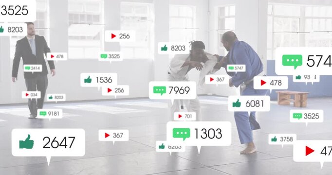 After match start competitors grappling while floating engagement icons showing sports analytics