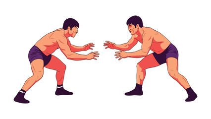 Wrestling Competition: Two wrestlers, poised and focused, face each other in a high-intensity moment of athletic contest. They represent the dedication and strength of competition and sportmanship.