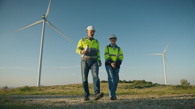 Two workers in reflective jackets and helmets walking through field near wind turbines. Man holding rolled documents while talking to woman. Engineers inspecting renewable energy site together.