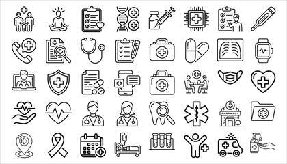 Medical and Healthcare Icons Set Hospital, Doctor, Medicine, Pharmacy, Telehealth, Outline Vector Pack