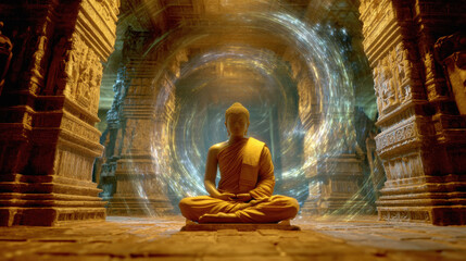 Siddhartha Gautama (the Buddha) meditating inside an ancient Indian temple, eyes closed, surrounded by a swirling illusion of chaotic scenes fading into calm landscapes