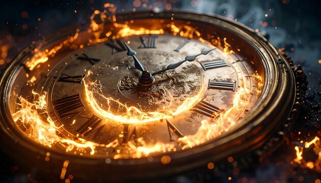 Cracked antique clock melting into a glowing vortex, symbolizing distortion of time with photorealistic detail