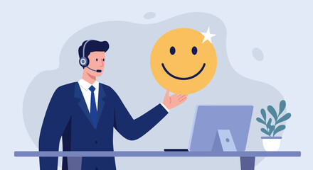 Smiling customer service representative holding a smiley face icon representing excellent customer satisfaction and positive feedback