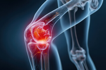 a human body showing internal anatomy of the knee joint, early signs of arthritis, slight cartilage wear and joint inflammation