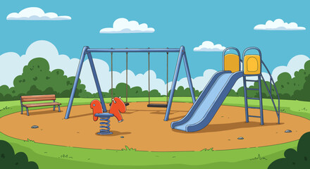 Fototapeta premium Vibrant cartoon illustration of a sunny park playground with swings slide and spring riders under blue sky
