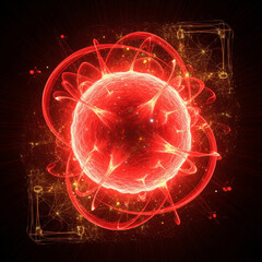 Fototapeta premium 234.Abstract high-energy particle art of a glowing red subatomic proton, surrounded by light trails, neon fractal bursts, and futuristic holographic plasma background, digital educational illustration
