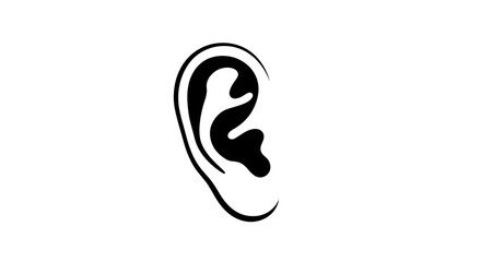 Simple black and white illustration of a human ear on a white background representing hearing and listening