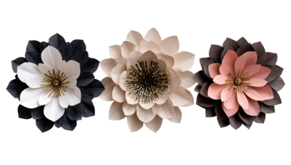 Three dimensional paper flowers in shades of cream, blush pink, and charcoal gray