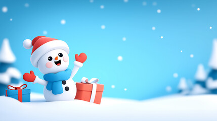 Festive snowman with Christmas gifts in a snowy landscape with copy space in 3d style