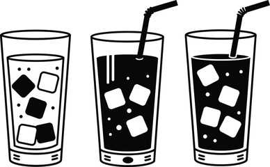 Three glasses of iced drinks with straws in black and white minimalist vector illustration style