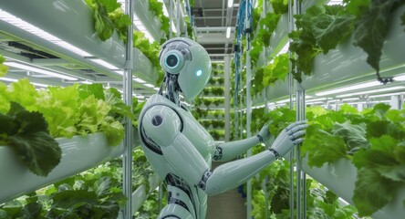Robotic assistant navigates through rows of lush green lettuce in a hydroponic vertical farm during daytime. Technology enhances sustainable agriculture practices