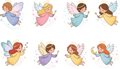 Cartoon angels with halos and wings, pastel robes, star wands, heart kisses, celestial vector set, spiritual illustration, cute characters