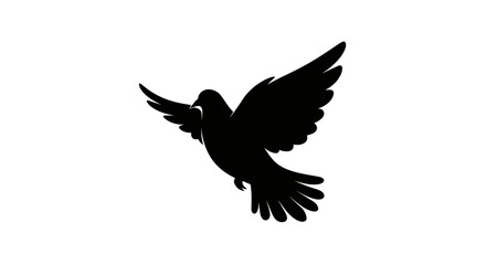 Silhouette of a black dove in flight with wings spread wide against a white background