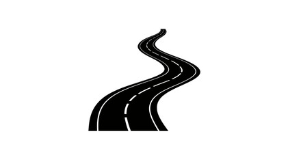 A winding black asphalt road with white lane markings curves upwards against a stark white background © rabbivay