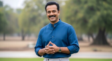 Fototapeta premium A man in a blue shirt smiling with his hands clasped together in a park setting with trees behind him