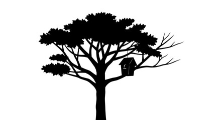 Silhouette of a large tree with a small wooden birdhouse nestled among its branches against a white background