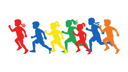Colorful Marathon of Youth: A vibrant illustration depicts a spirited group of diverse children racing together, embodying energy, determination, and unity in their colorful stride.