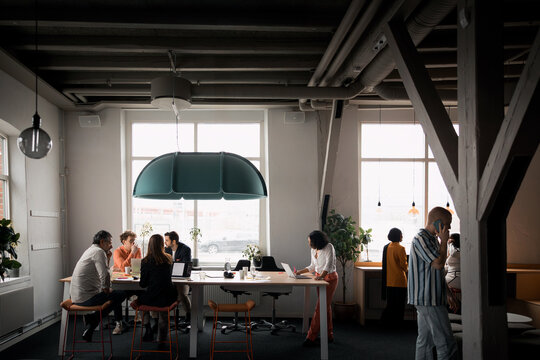 Male and female business professionals working in office