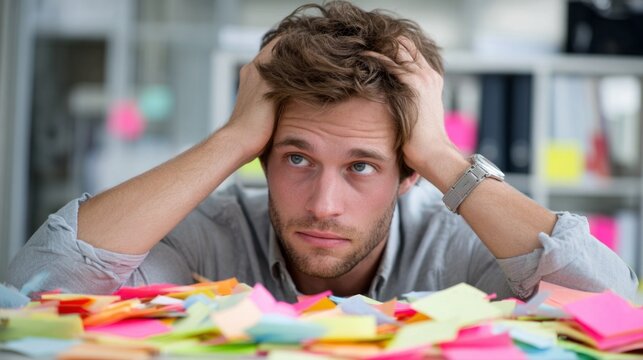 Overwhelmed man struggles with disorganized papers and sticky notes in a busy office environment