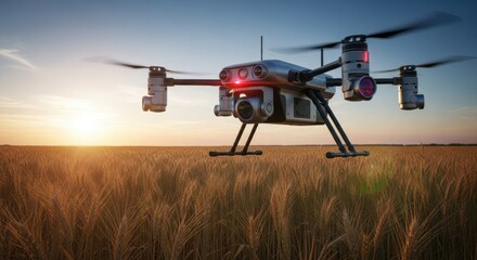 Drone hovers above wheat field during sunset, capturing data for improving crop management. Golden light highlights the textured landscape and surrounding environment