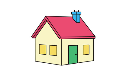 Simple cartoon drawing of a small yellow house with a red roof and green door on a white background