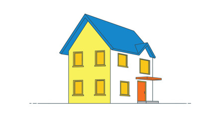 Charming cartoon illustration of a colorful two story house with a blue roof and yellow and white walls
