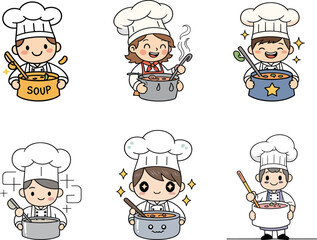 Cartoon chefs holding pots, cooking theme, expressive characters, food illustration, vector set, children art, culinary bundle, playful kitchen design