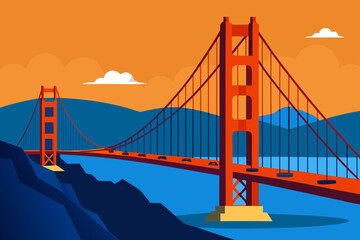Stylized golden gate bridge at sunset with orange sky