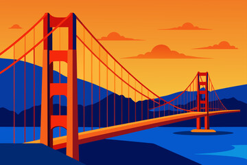 Stylized golden gate bridge at sunset with orange sky and blue water