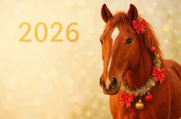 Portrait of a red horse in a green decorative New Year's wreath, holiday card for the new year with the symbol of 2026