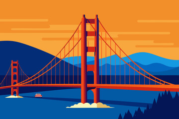 Stylized golden gate bridge at sunset with mountains and ocean