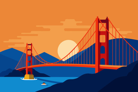 Golden gate bridge at sunset with minimalist style