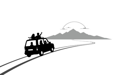 Silhouette of a vintage van with luggage on the roof driving on a winding road towards majestic mountains © rabbivay