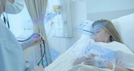 Nurse entering room initiating exam, placing stethoscope on patient torso consulting holograms - Powered by Adobe