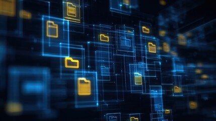 Obraz premium Abstract network grid with files and folders, futuristic software interface, digital document management system, store, search and organize documents, corporate business, paperless office 