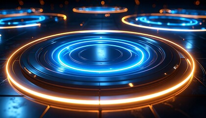 Radiant energy rings pulsating across a dark metallic floor, visualizing the essence of a futuristic time warp