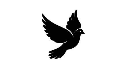 Silhouette of a black dove with wings spread wide in flight against a pure white background