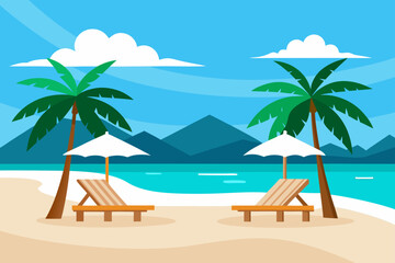 Tropical beach paradise with palm trees and lounge chairs